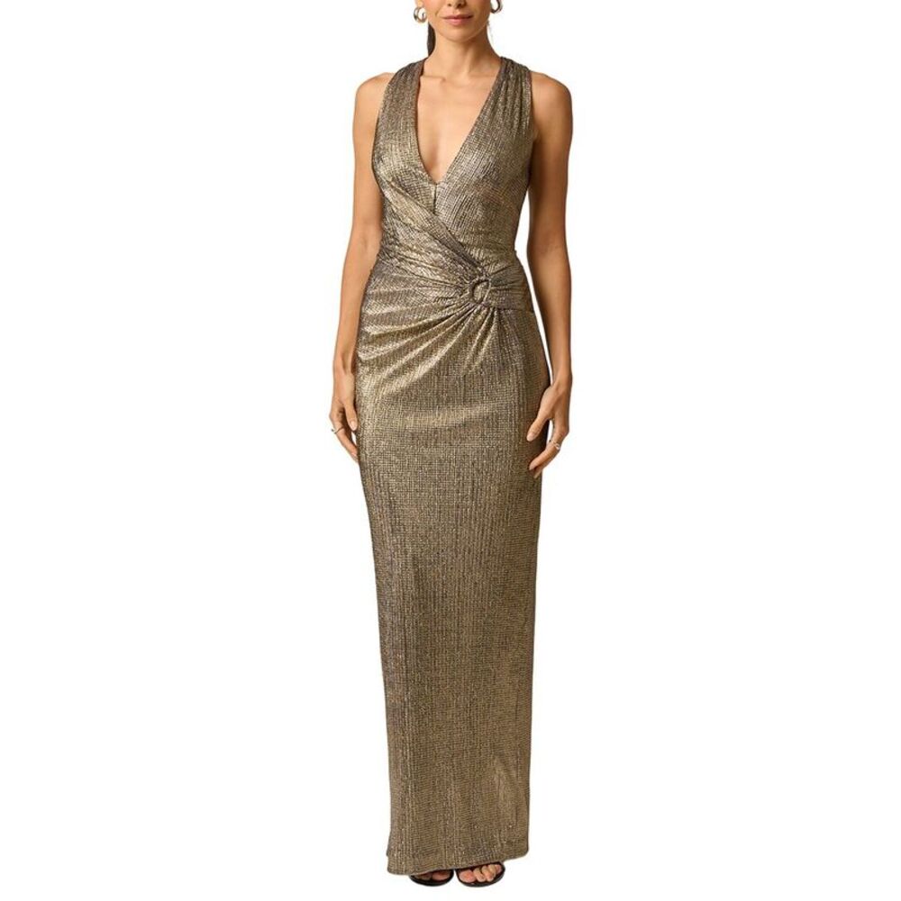 Adrianna Papell Womens Metallic Knit Long Dress, Gold